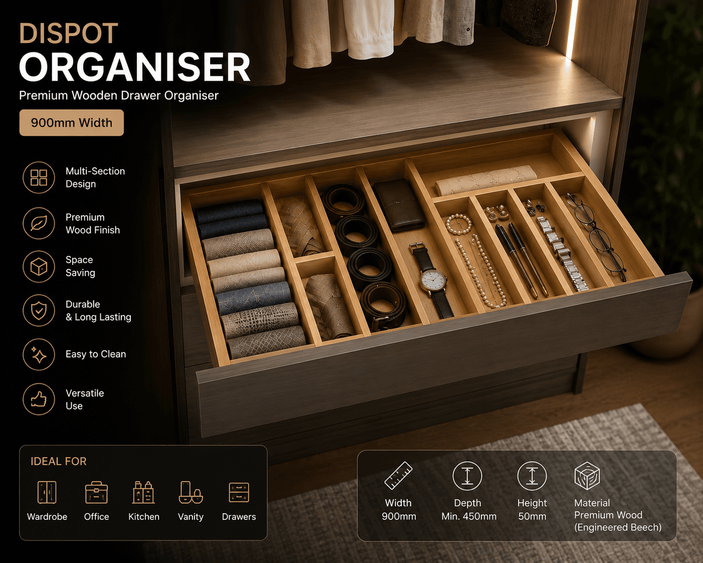 DISPOT Premium Drawer Organiser 900mm | Wooden Multi-Section Wardrobe Drawer Tray