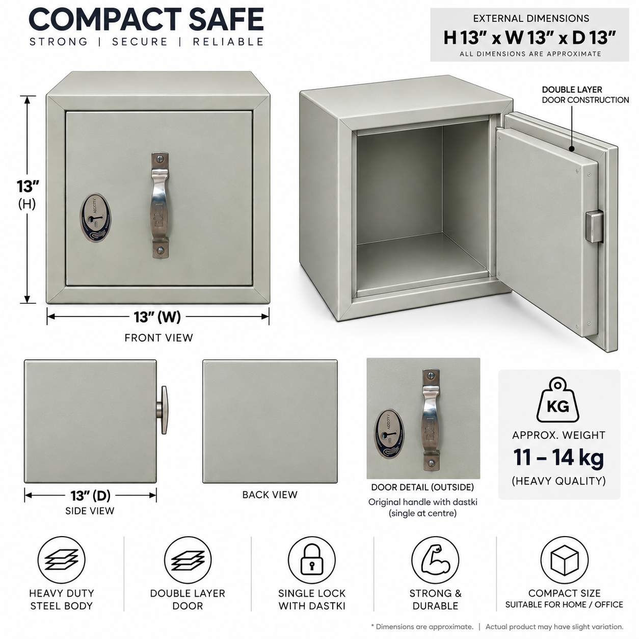 Compact Steel Safe with Bank-Type Dual-Key Lock – 13 × 13 × 13 Inch